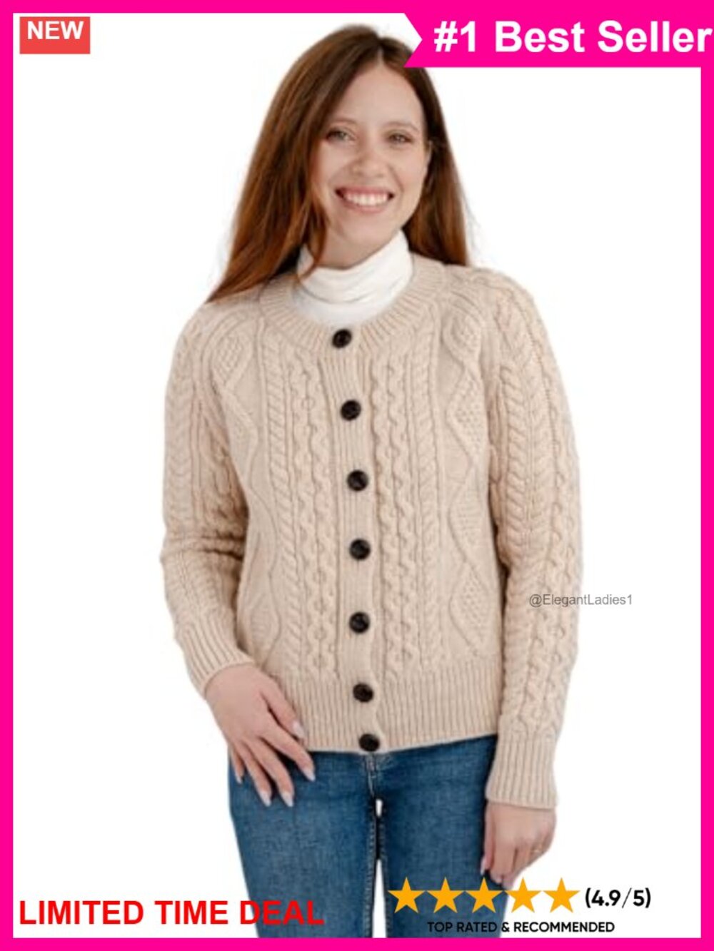 Merino Wool Cardigan Cable Knit Irish Sweater Crew Neck